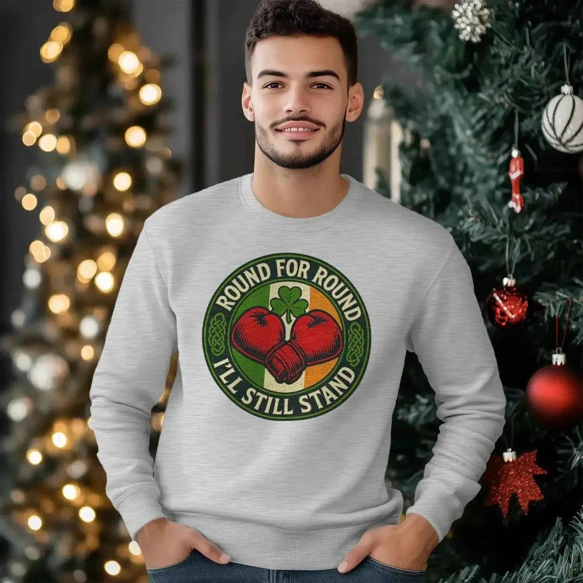 Heather grey crewneck cotton sweatshirt with round heart graphic on front