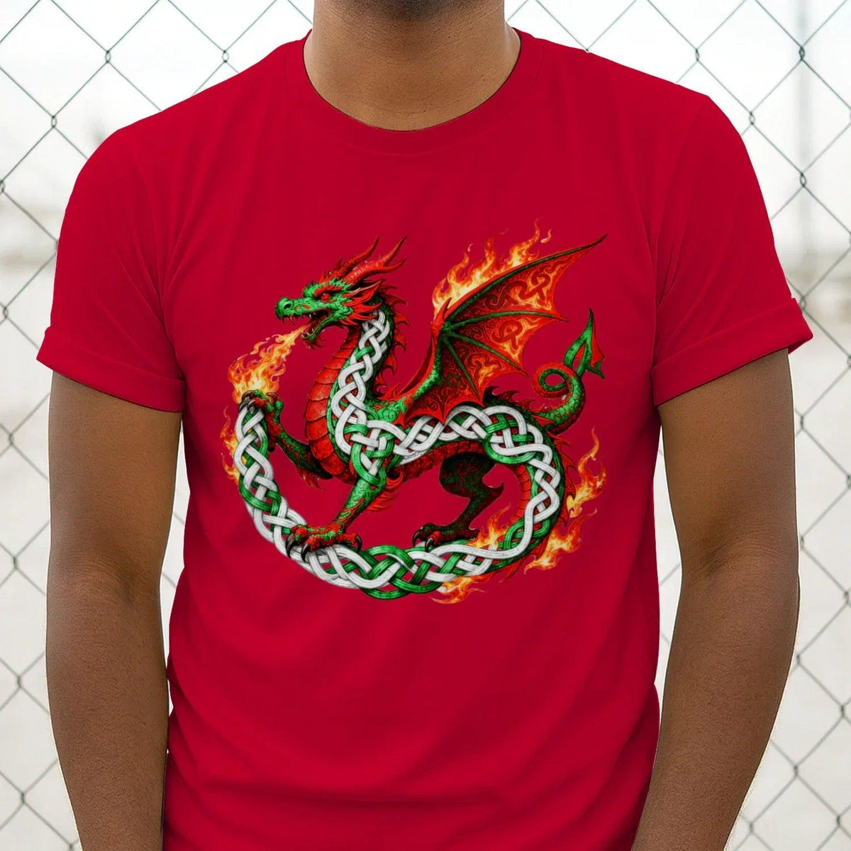 Red Welsh t-shirt with central dragon and flame print, red wings and green details