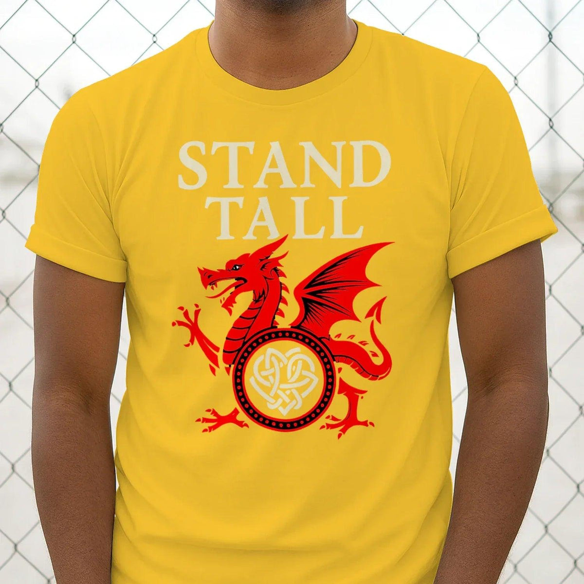 Yellow T-shirt with red Welsh dragon crest and pale “STAND TALL” text
