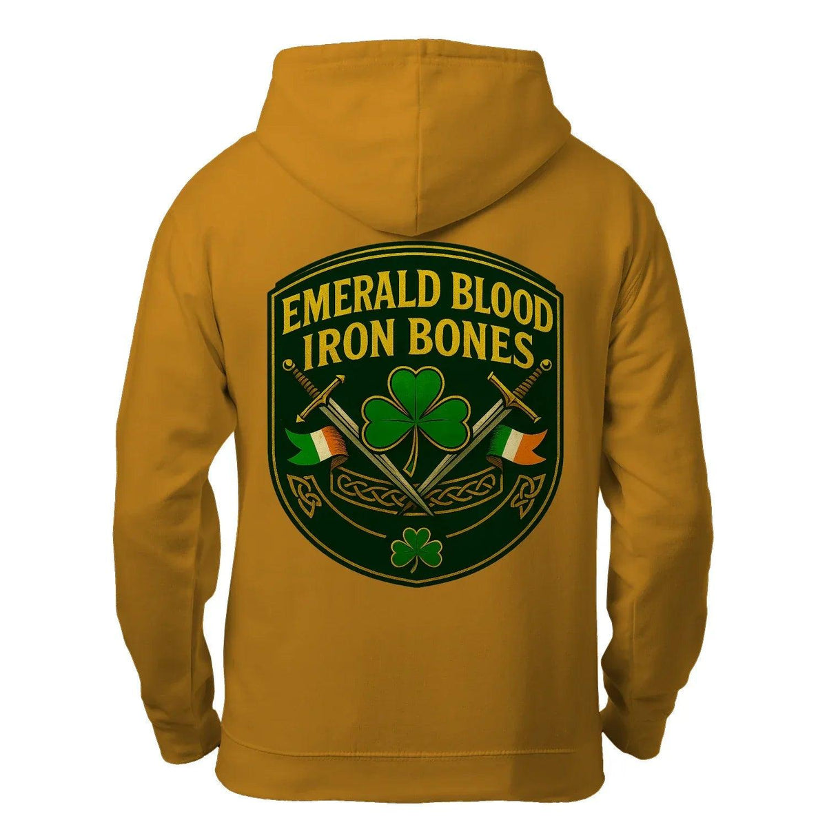 Gold zip hoodie with hood and large back crest graphic centered on the upper back.