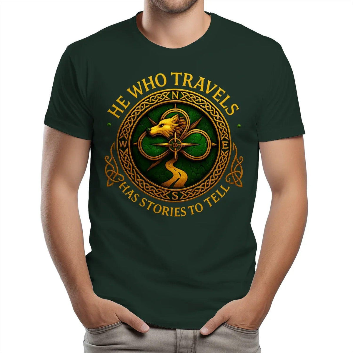 Dark green crew neck cotton T-shirt with circular bird-and-knot graphic on chest.