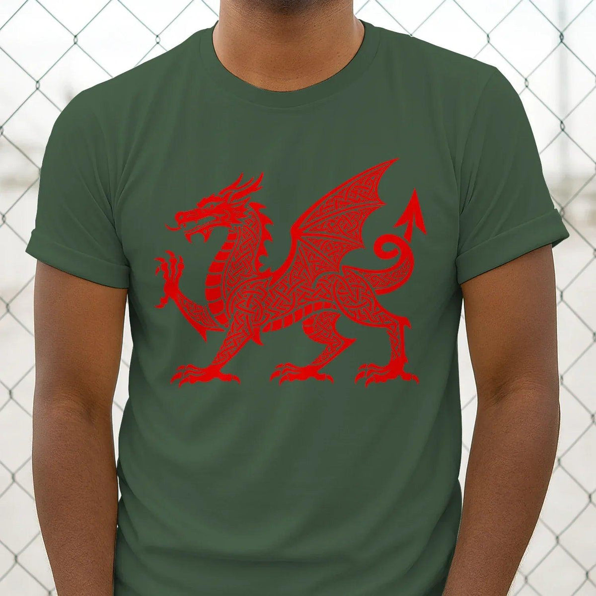 Dark green T-shirt with large red Celtic dragon knot graphic on the front