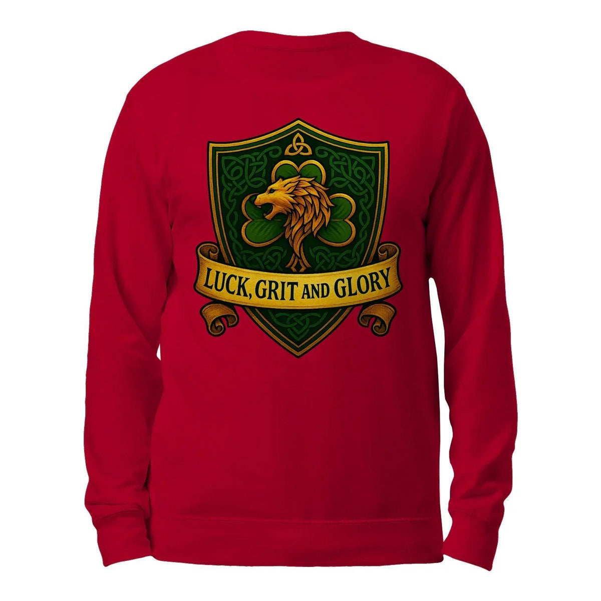 Red crewneck sweatshirt, back view with green and gold Celtic lion crest graphic