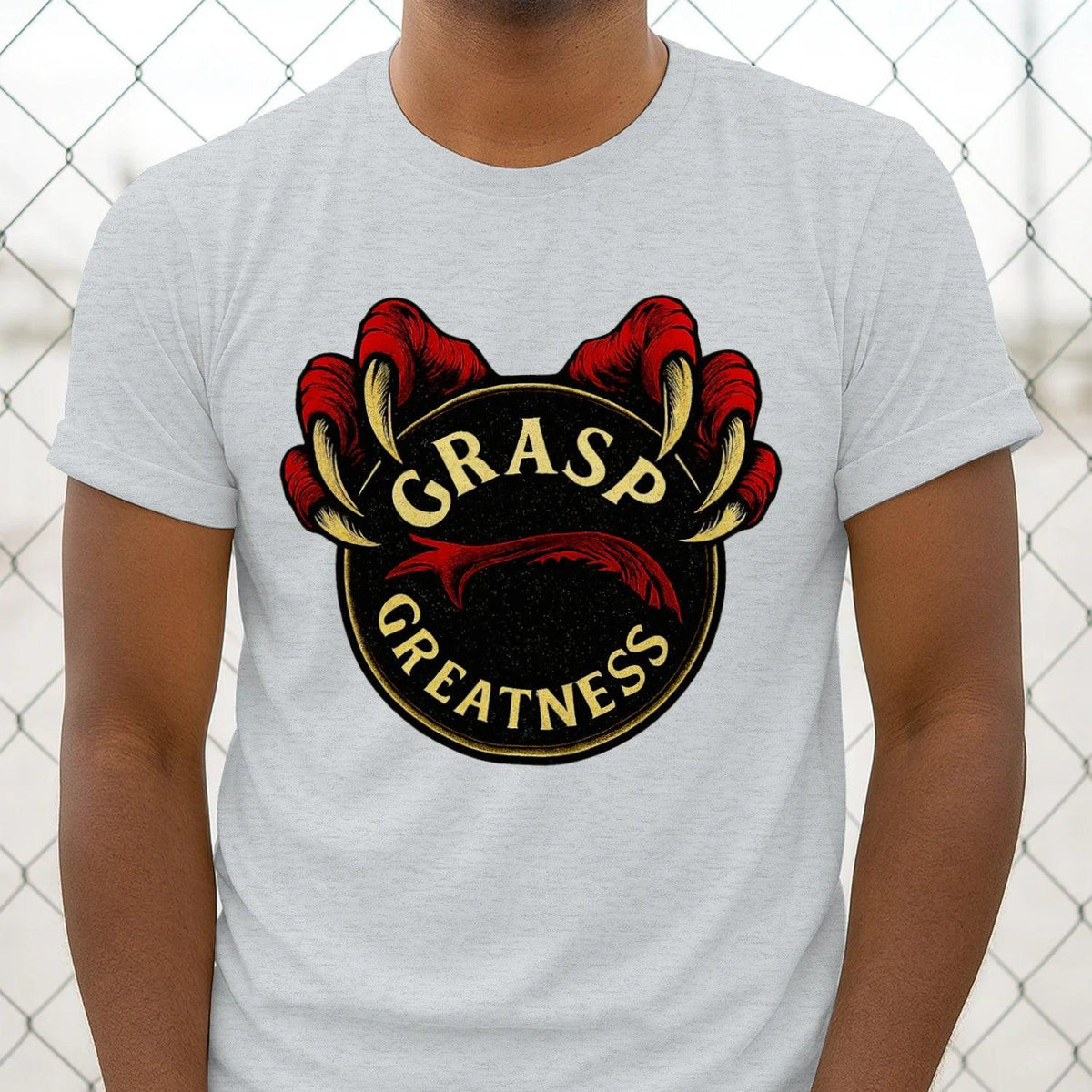 Light gray crew-neck T-shirt with centered chest emblem graphic