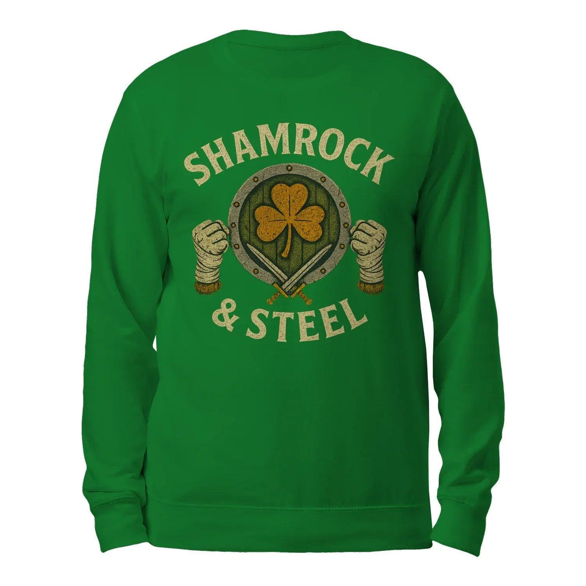 Green crewneck sweatshirt back view with shamrock & Steel emblem graphic