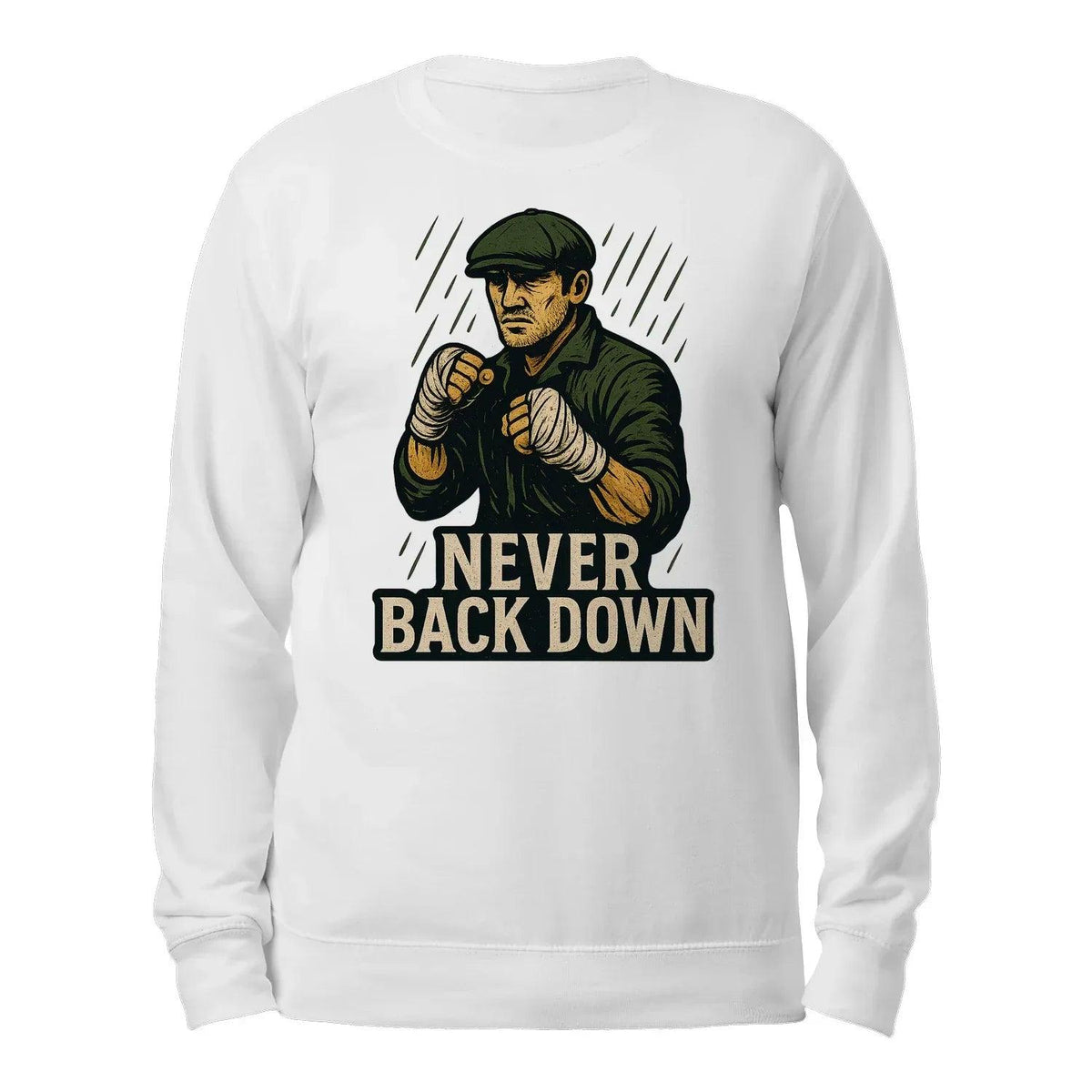 White crewneck sweatshirt with back "Never Back Down" boxer graphic