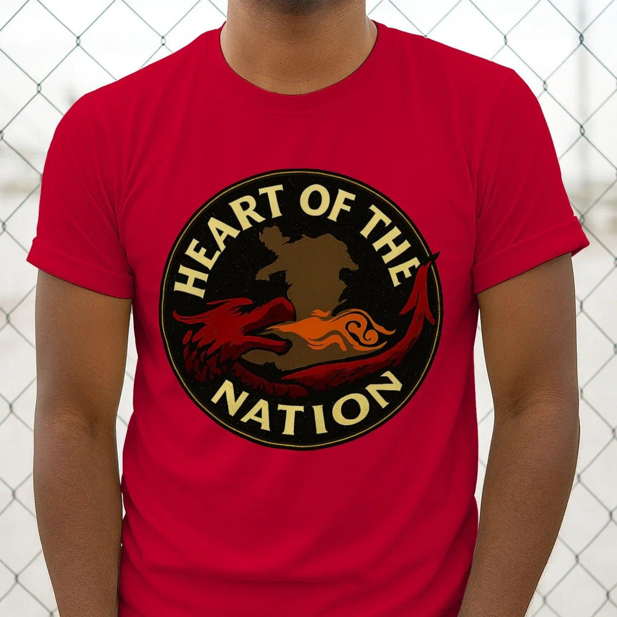 Red Welsh dragon graphic T-shirt with large round Heart of the Nation emblem