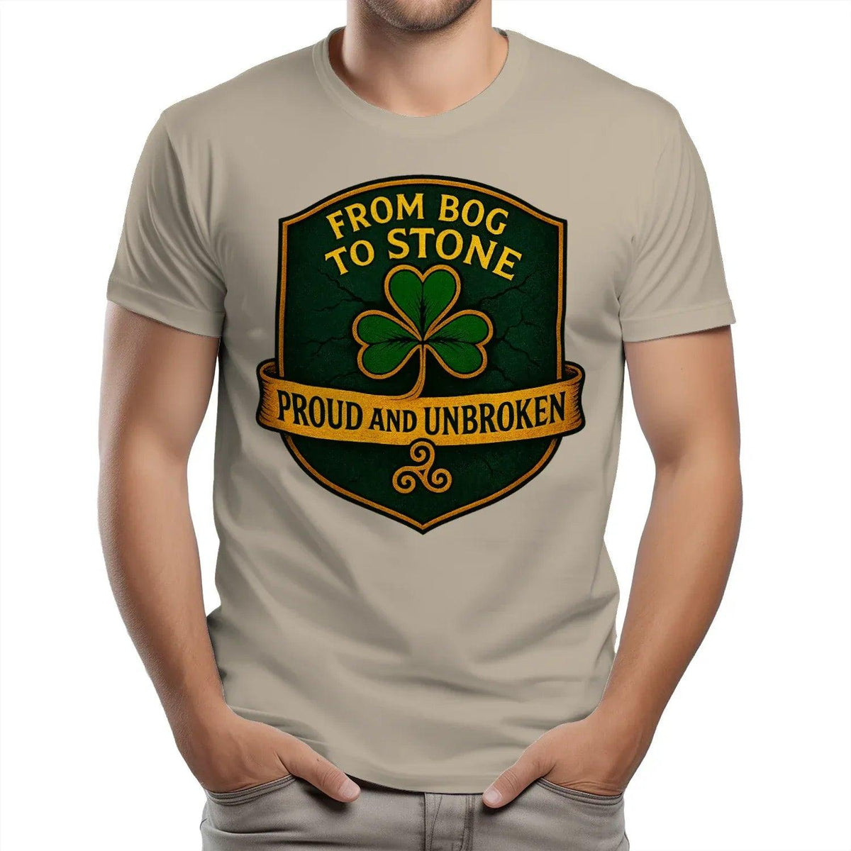 Sand T-shirt with clover shield graphic on the chest, crew neck, short sleeves