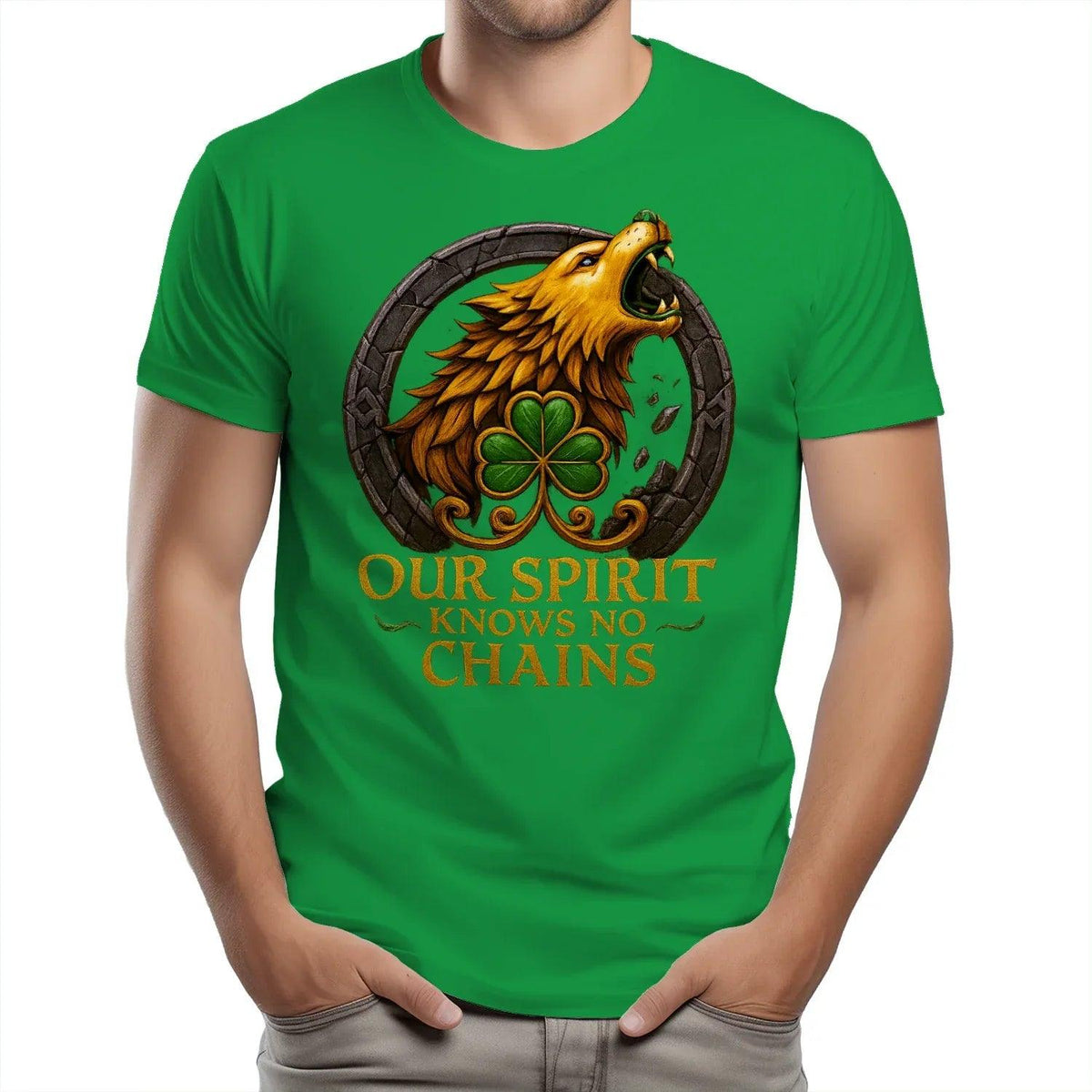 Green crewneck T-shirt with large eagle crest, clover, and 'Our Spirit Knows No Chains'