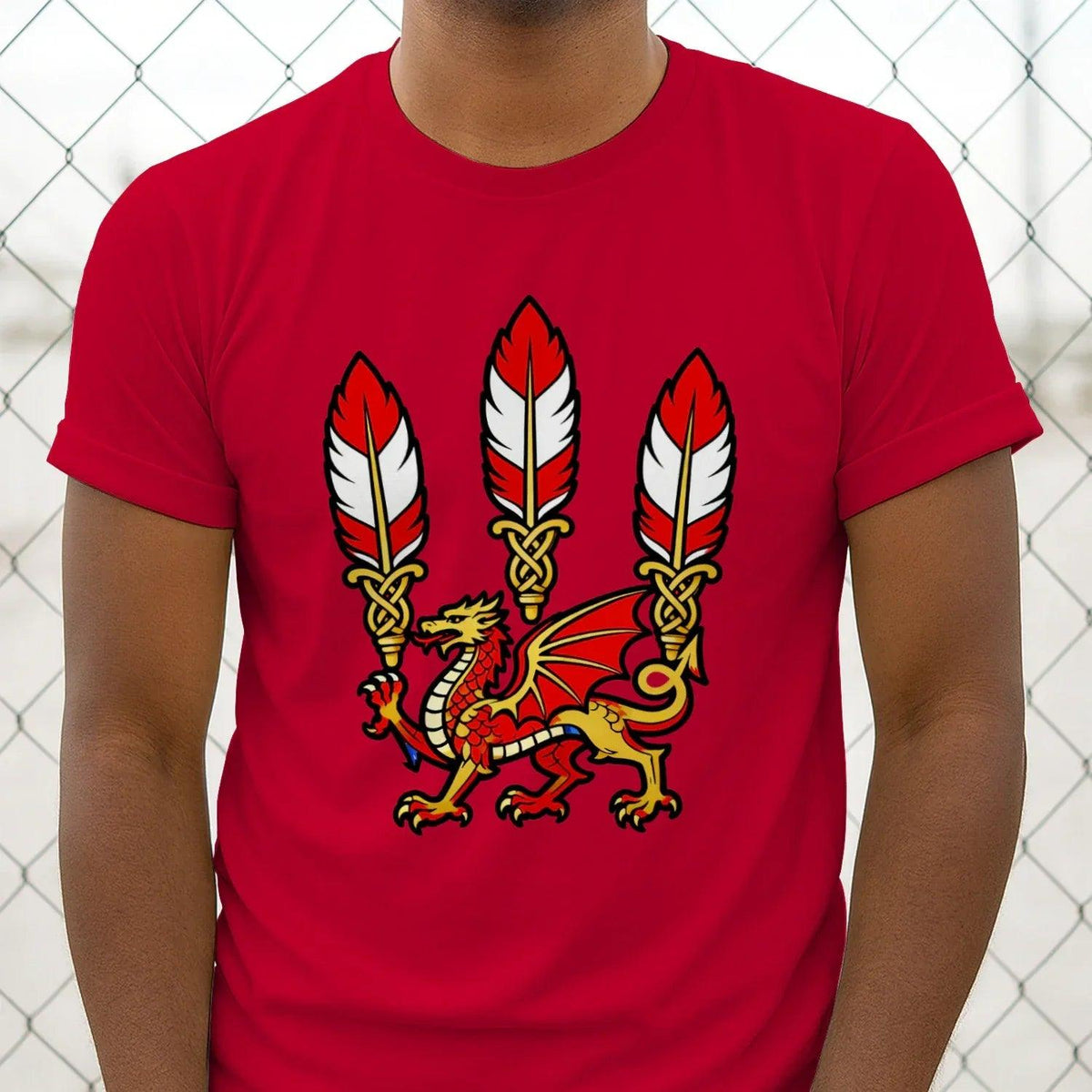 Red crew-neck graphic T-shirt with three feather symbols and Welsh dragon front graphic