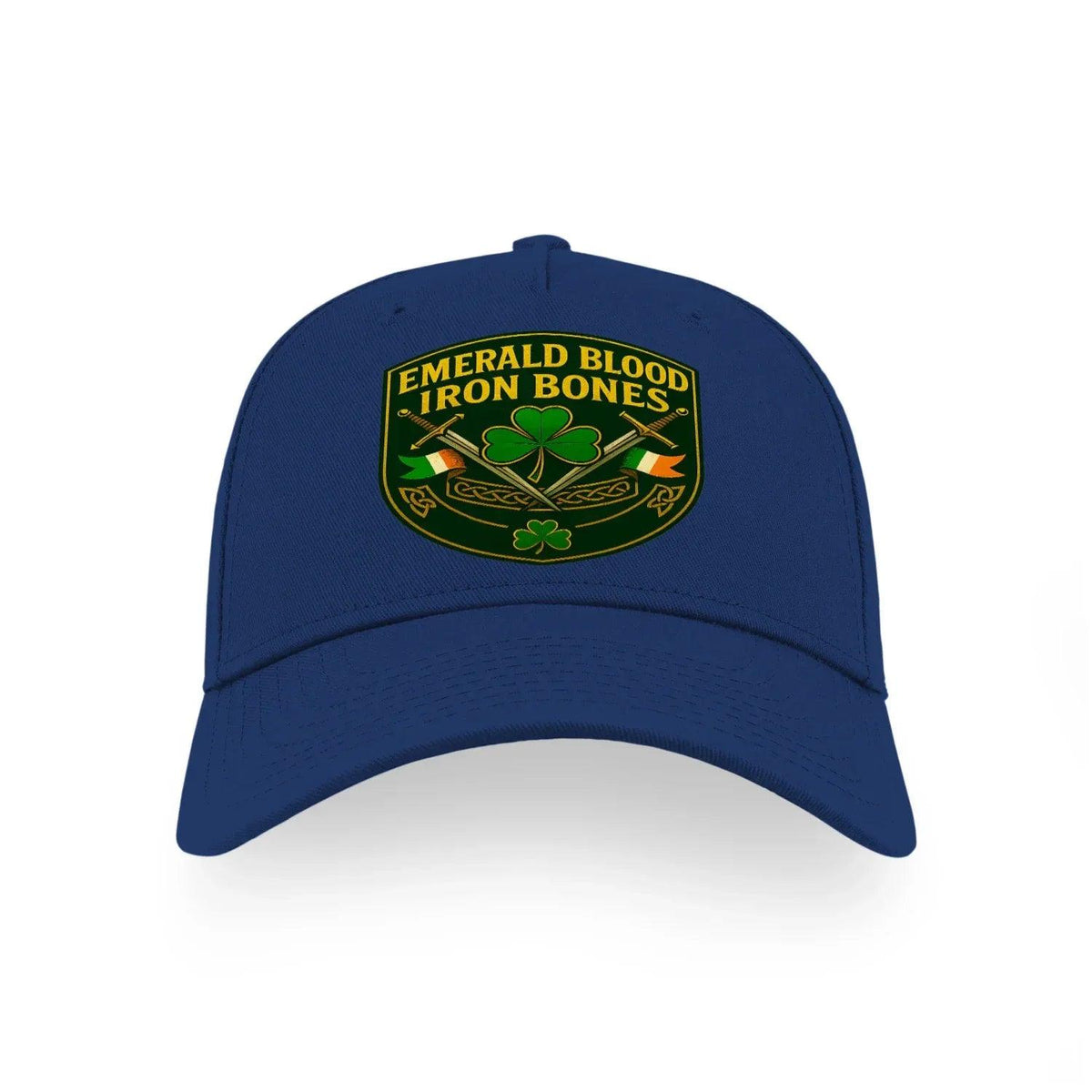 Royal blue sports cap with 'Emerald Blood Iron Bones' front logo.