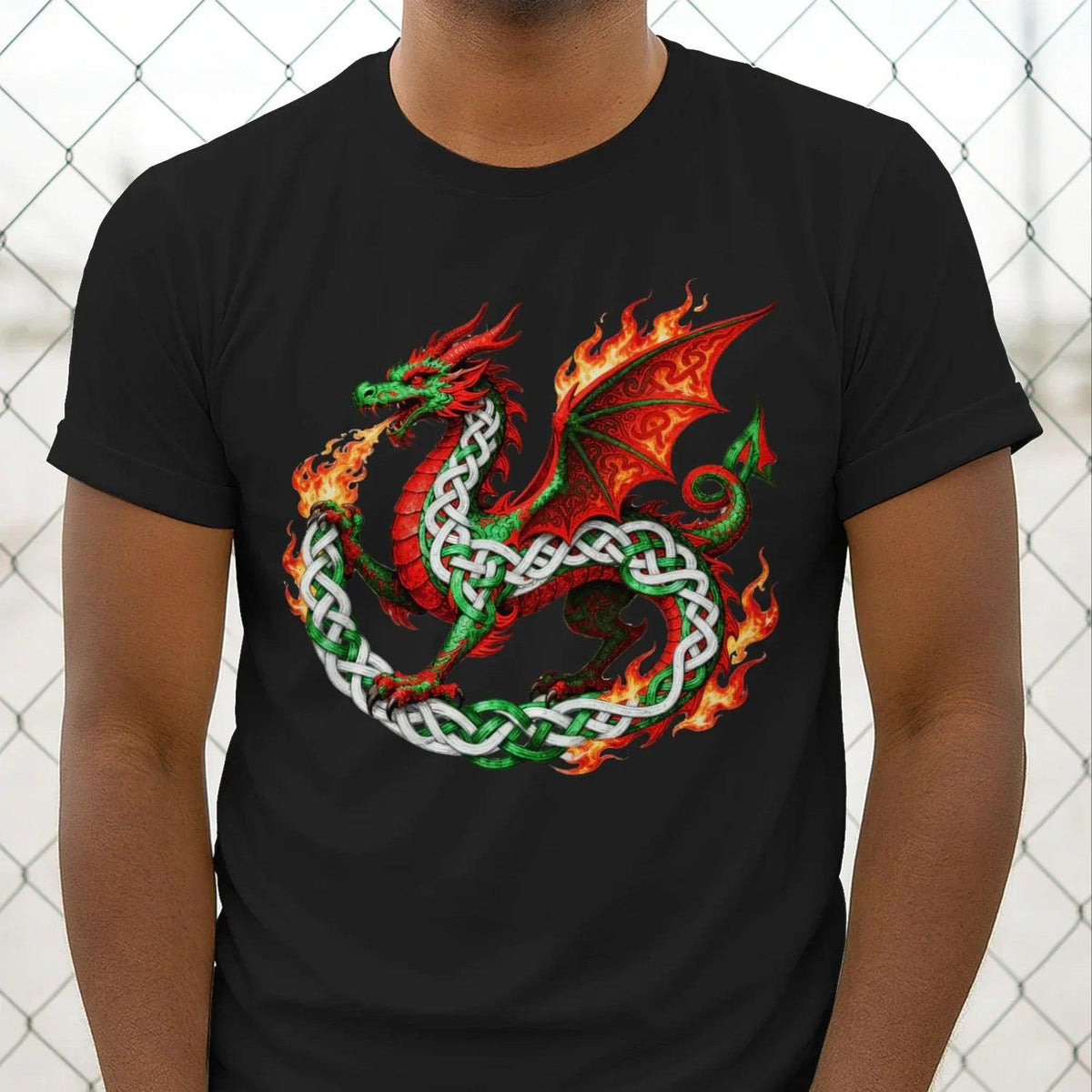 Black T-shirt with fiery red dragon and green celtic knot graphic