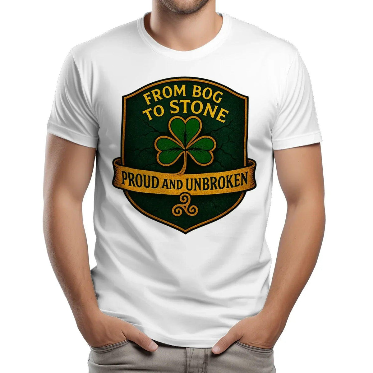 White crew-neck T-shirt with green clover badge graphic on chest