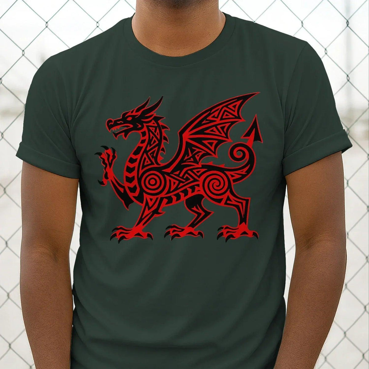 Dark green T-shirt with red dragon and wing emblem