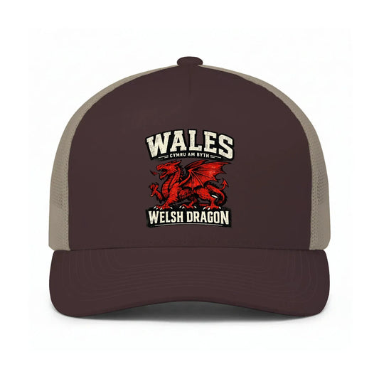 Chocolate trucker cap with Wales Welsh Dragon front patch — Wales heritage cap gift | Celtic Wolf Wear® UK