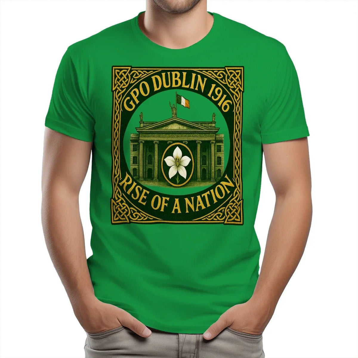 Unisex heavy cotton T-shirt, bright green, large front graphic close-up