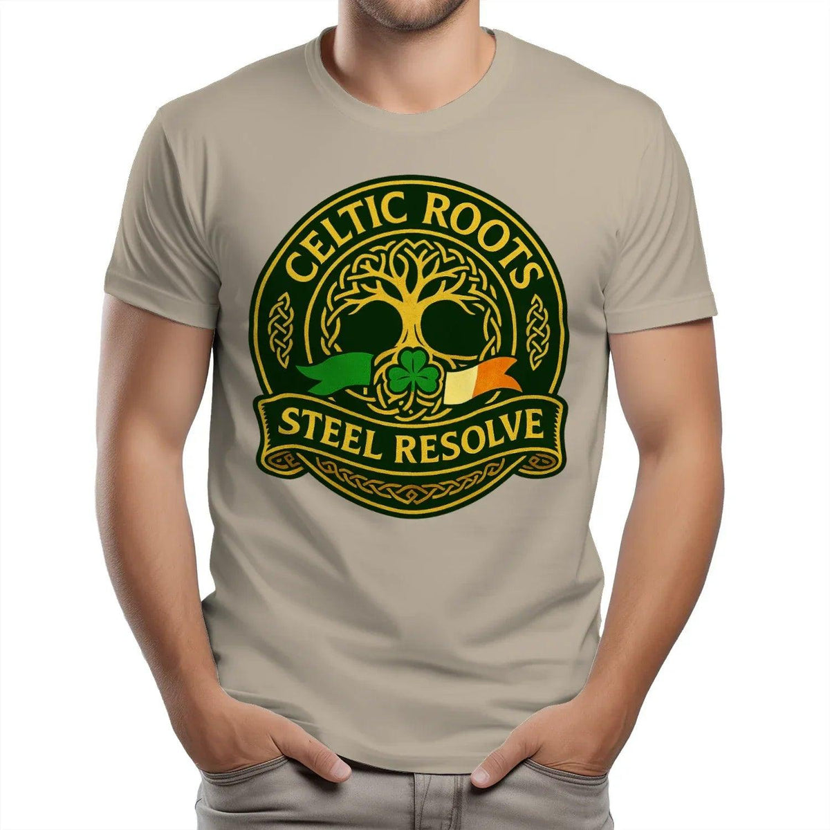 Sand short-sleeve T-shirt with large Celtic Roots Steel Resolve emblem print