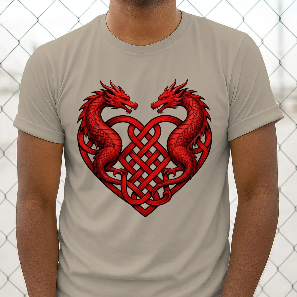 Beige crewneck T-shirt with red double dragon heart knotwork graphic on front