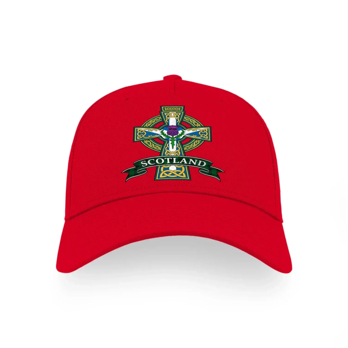 Red baseball cap front with embroidered Scotland Celtic cross crest