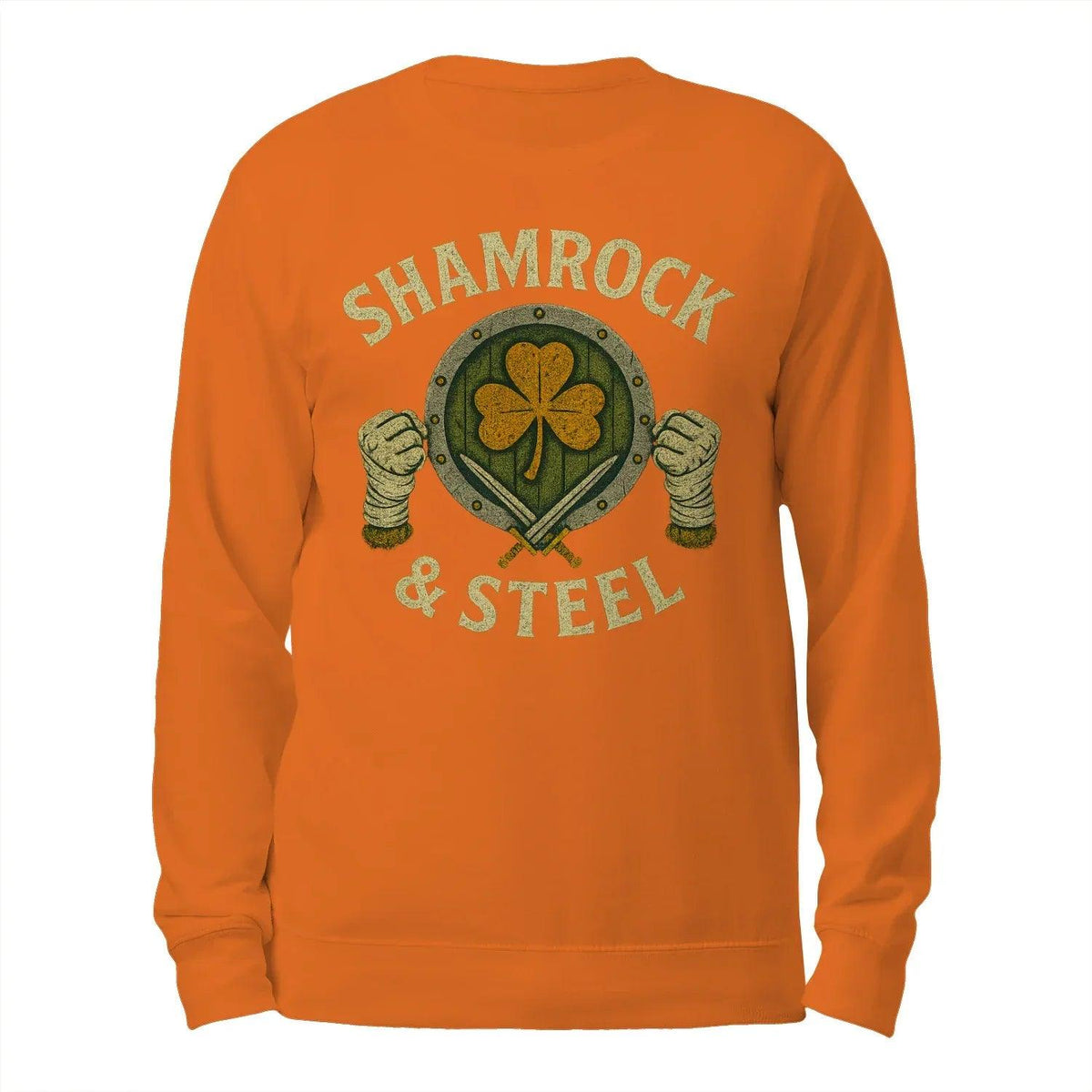 Orange sweatshirt back with Shamrock & Steel graphic, crewneck long sleeves