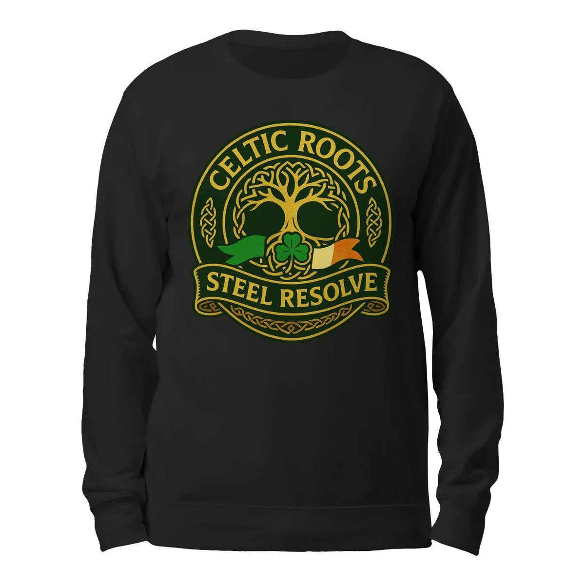 Black crewneck sweatshirt, back view with large green and gold Celtic roots Steel Resolve logo