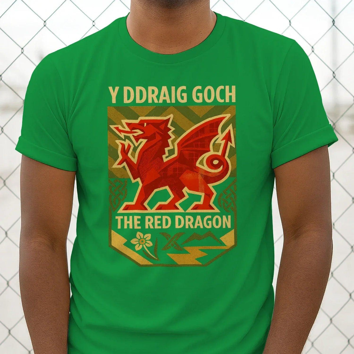 Green T-shirt with large front dragon crest graphic and bold text print