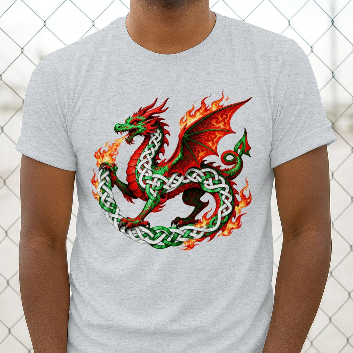 Light grey T-shirt with fiery red dragon and green celtic knot graphic