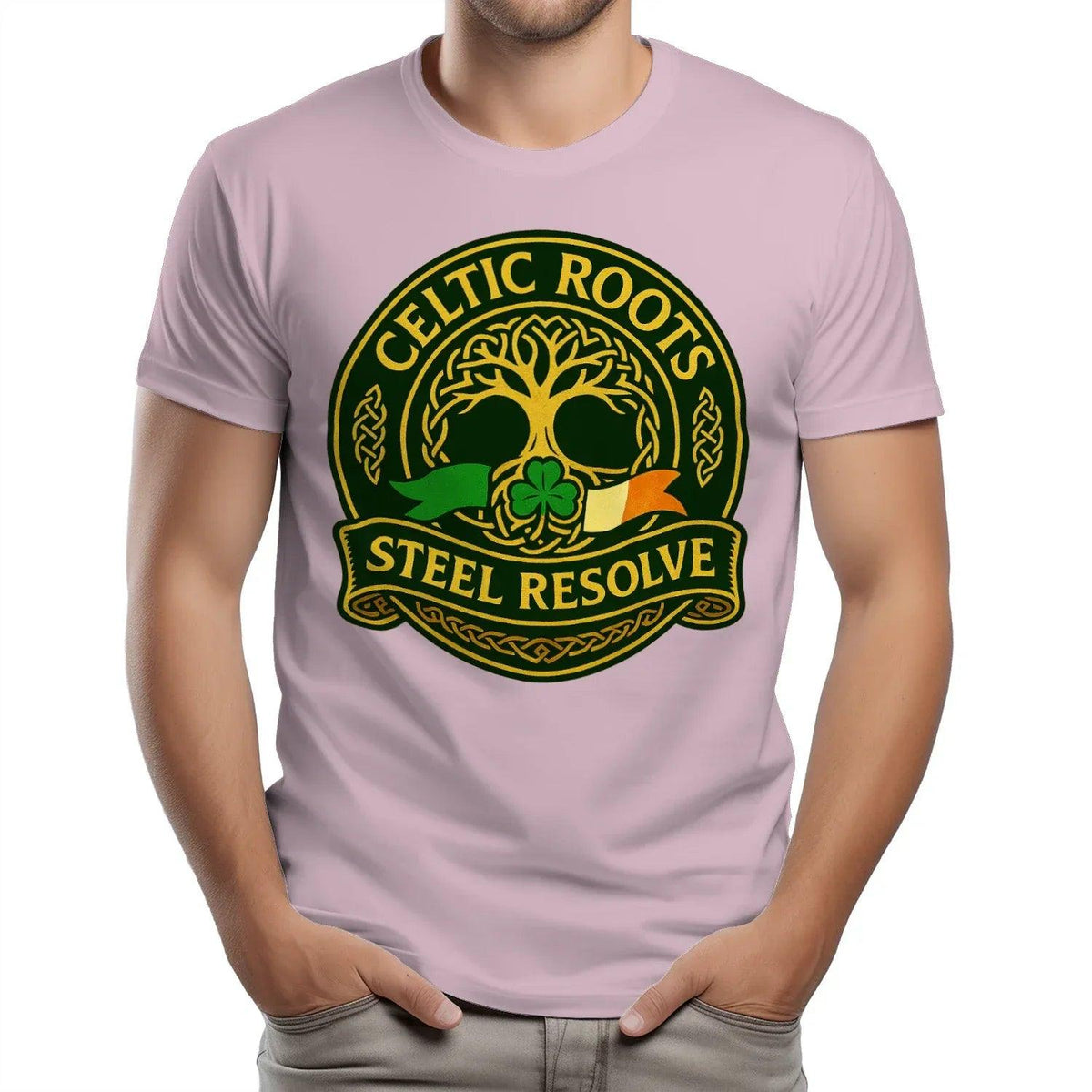 Light purple heavy t-shirt with Celtic roots emblem, “Steel Resolve” banner