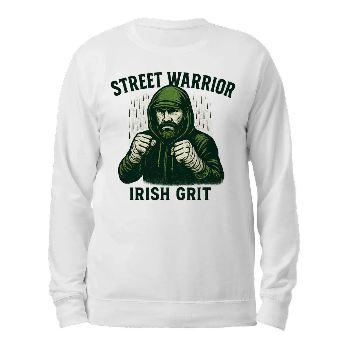 White crewneck sweatshirt back view with warrior graphic and “STREET WARRIOR” “IRISH GRIT”.