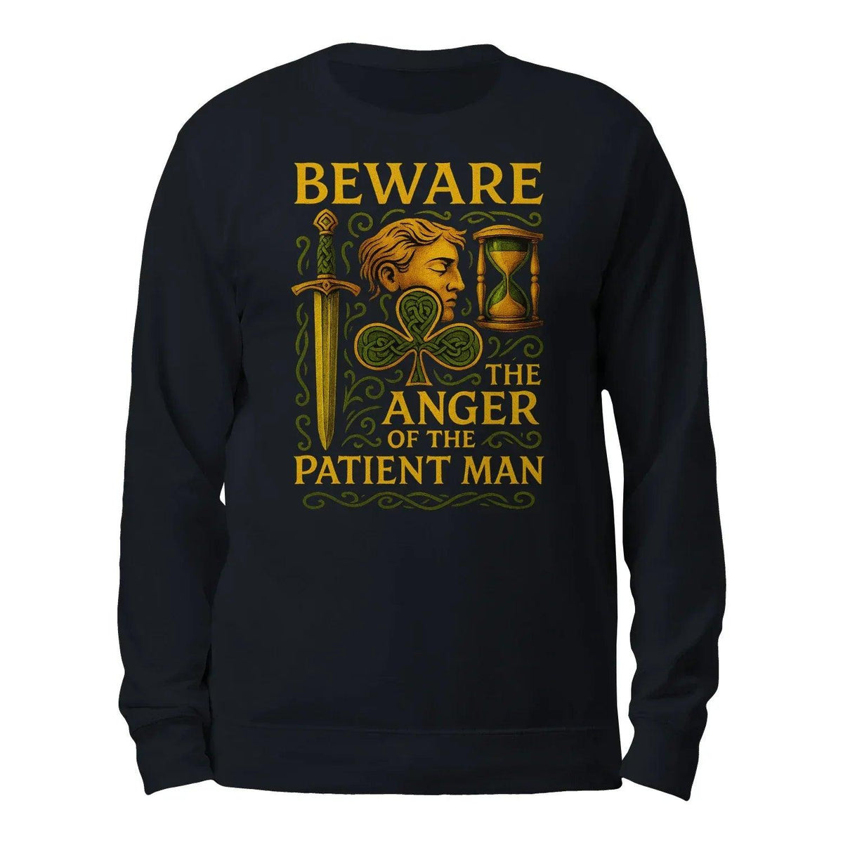 Navy crewneck sweatshirt with large front warning graphic and hourglass illustration