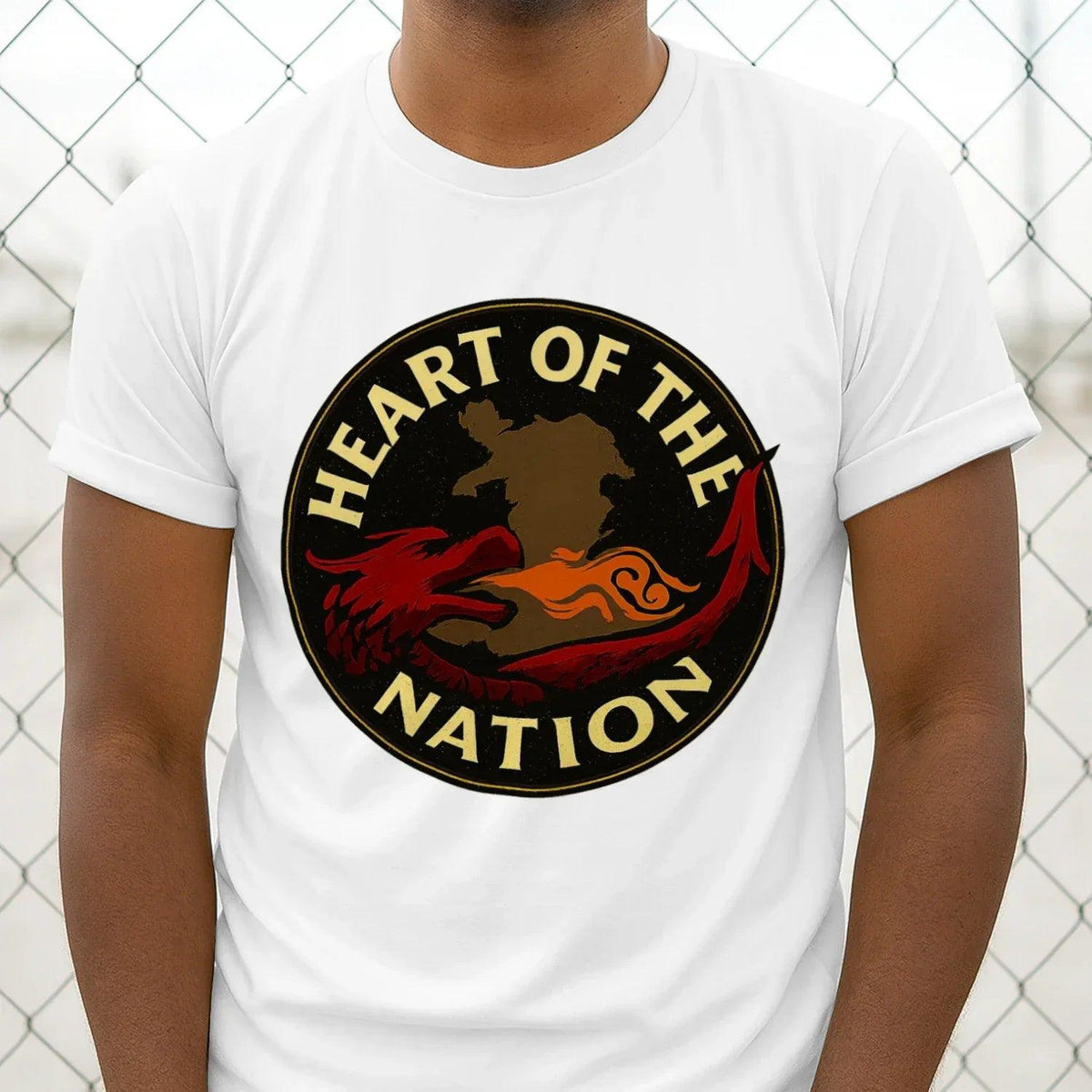 White crew-neck T-shirt with large Heart of the Nation dragon round logo on chest