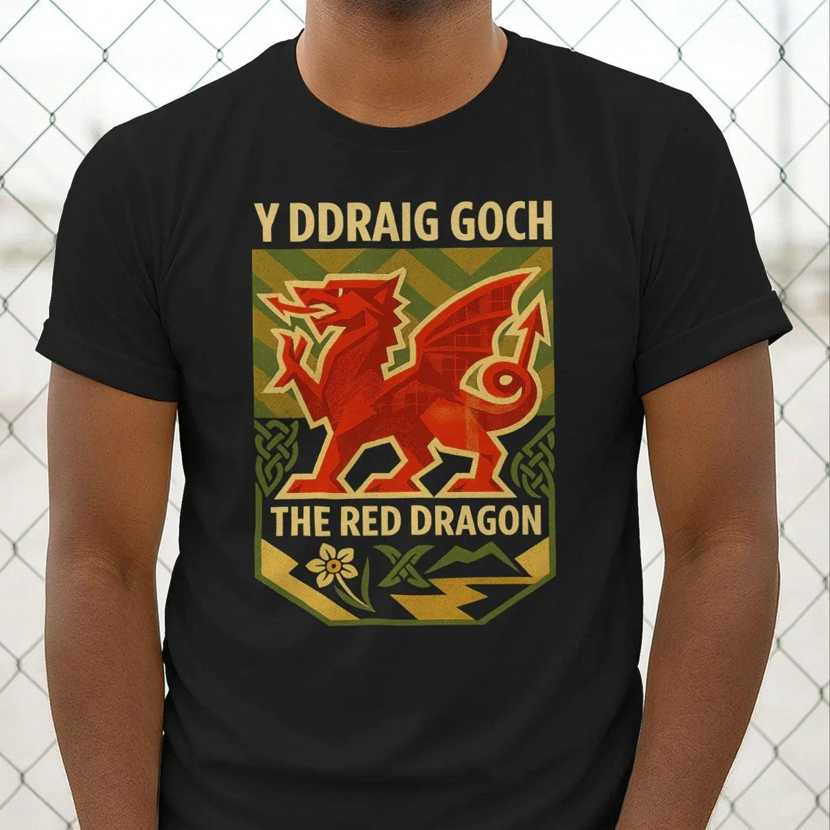 Black short-sleeve crew-neck T-shirt with red dragon front emblem print.