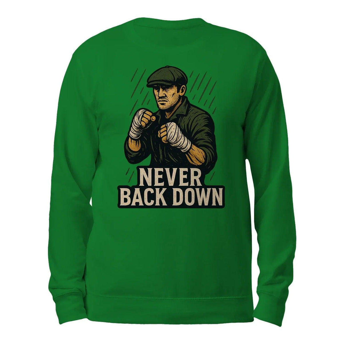 Forest green crewneck sweatshirt with back graphic "Never Back Down" boxer
