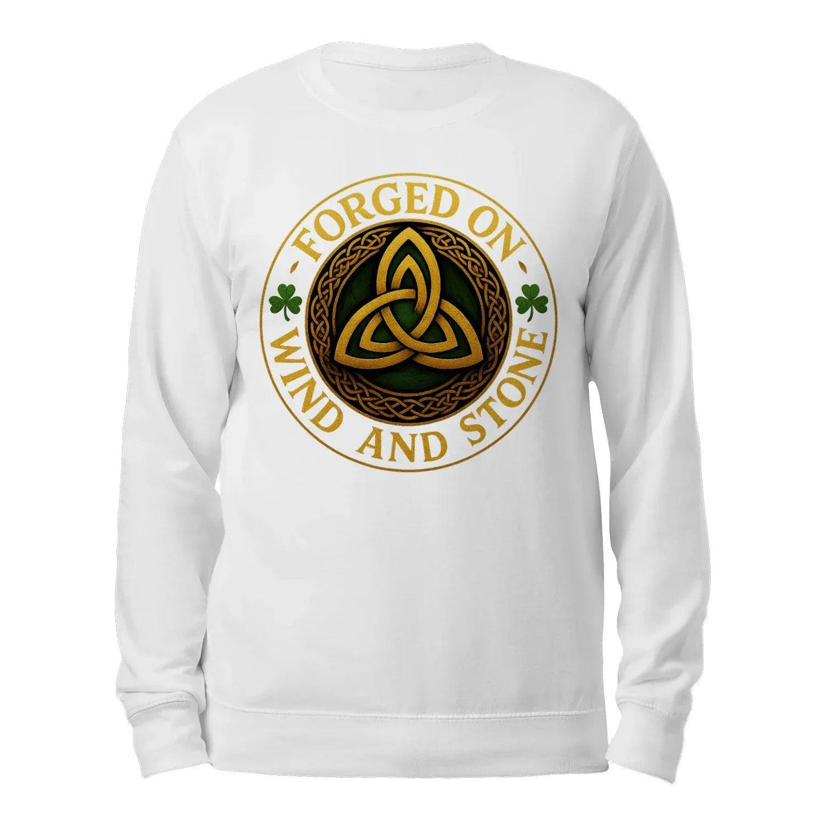 White crewneck sweatshirt with oval Celtic-style back graphic
