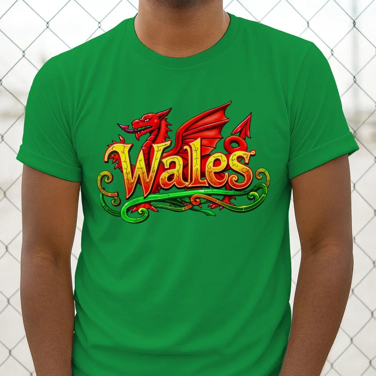 Green cotton T-shirt with large red Wales dragon logo on front