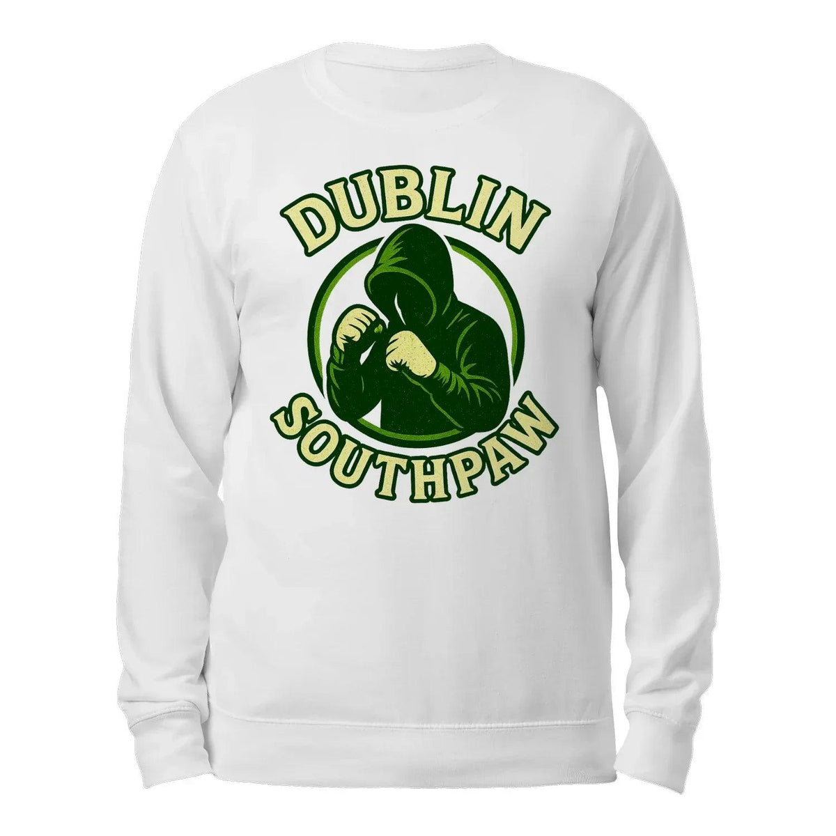 White sweatshirt with “DUBLIN SOUTHPAW” chest graphic, long sleeves, crew neckline.