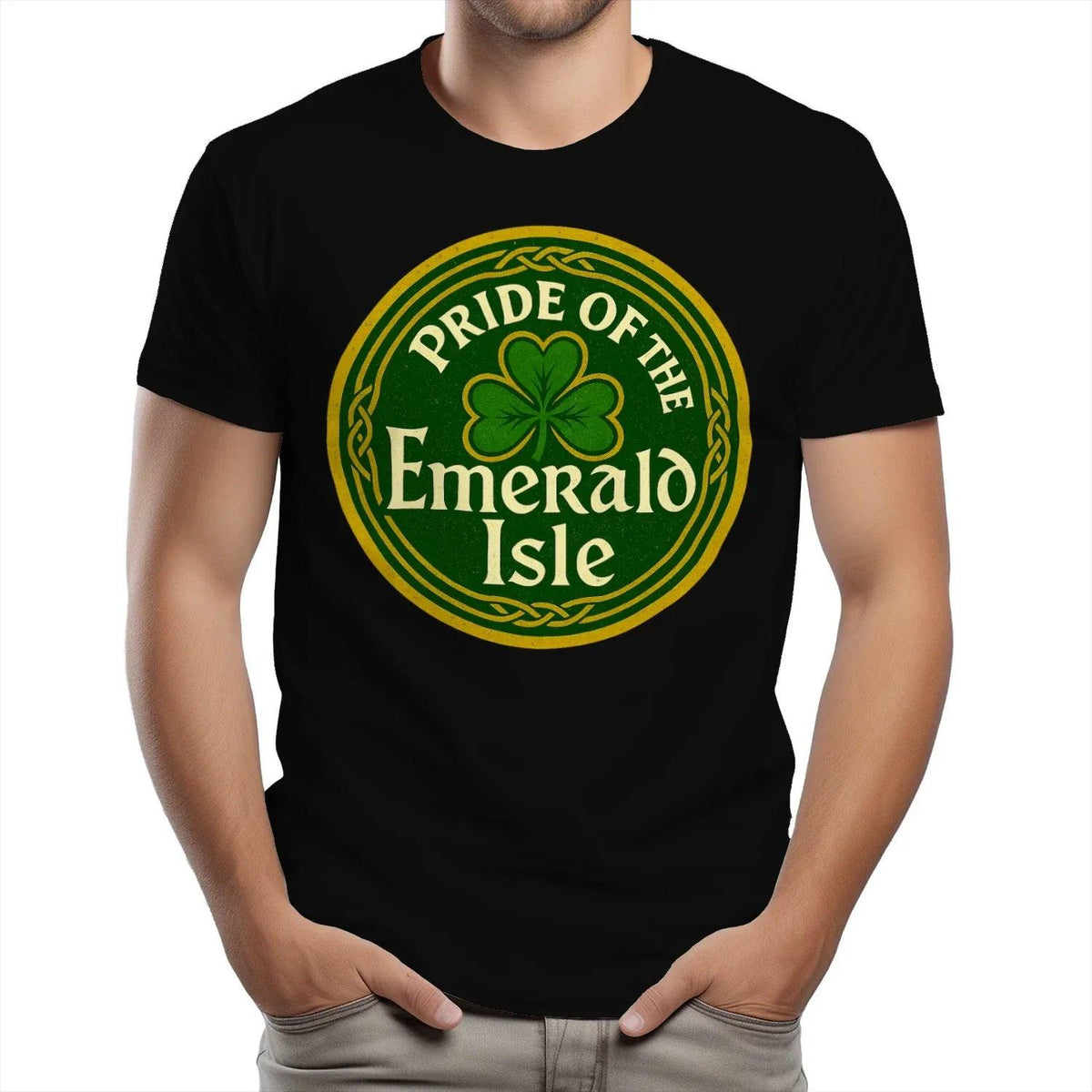 Black T-shirt with centered circular clover “Emerald Isle” logo print