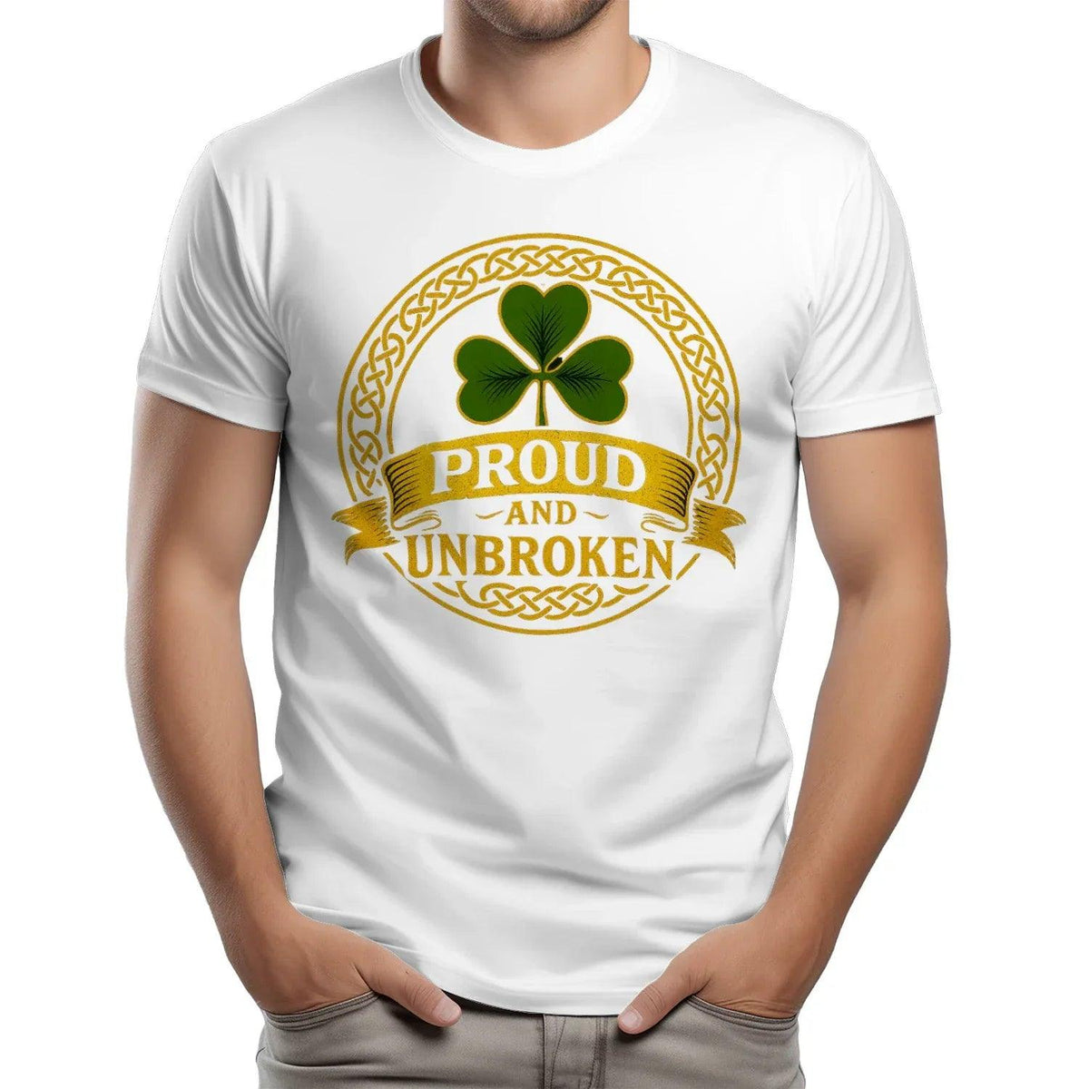 White heavy cotton T-shirt with green four-leaf clover logo and Proud Unbroken print