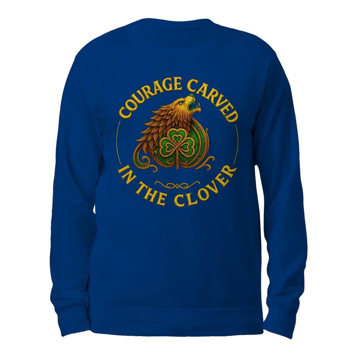 Royal blue hoodie sweatshirt back view with clover graphic in gold and green