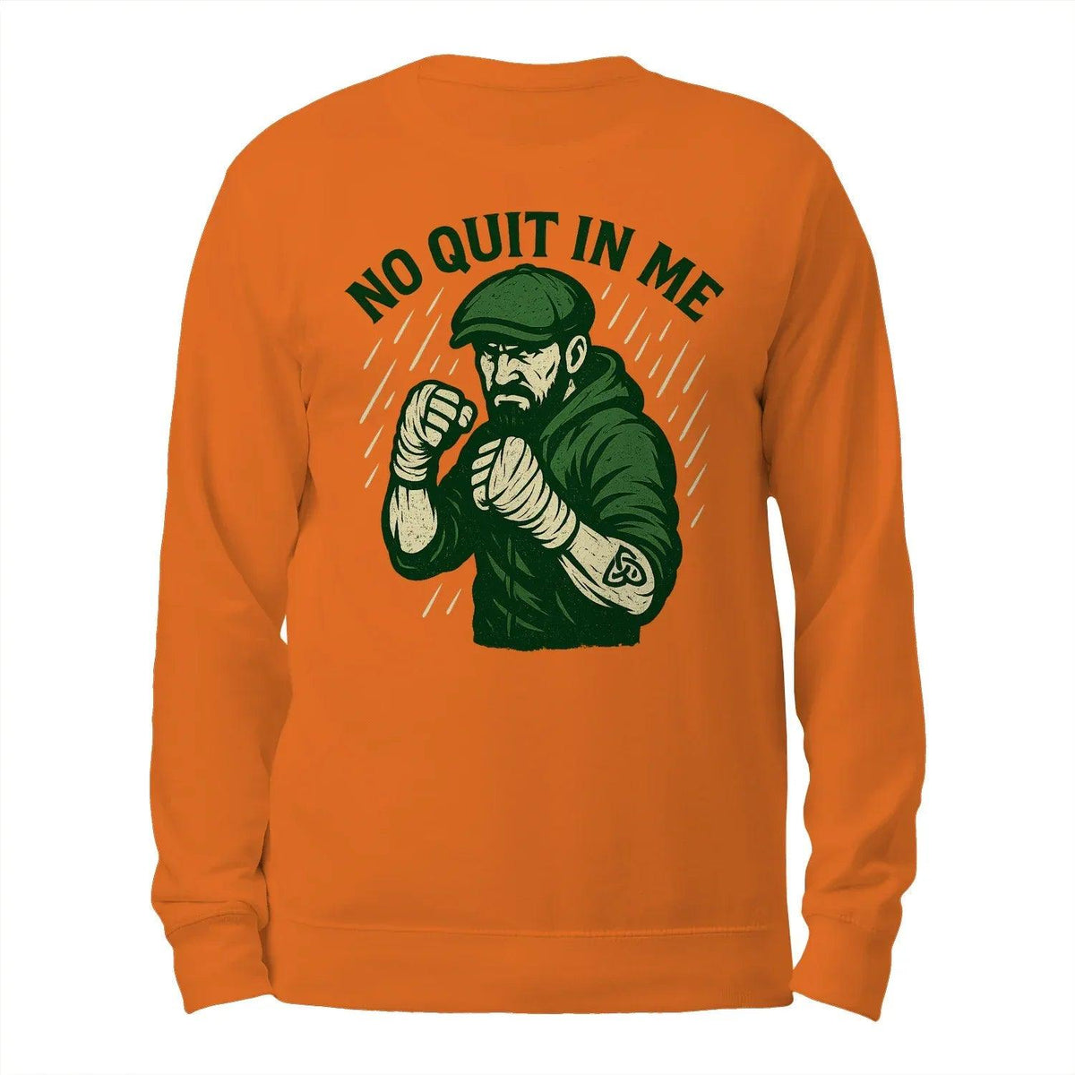 Orange crewneck sweatshirt with back graphic of bearded boxer and arched text