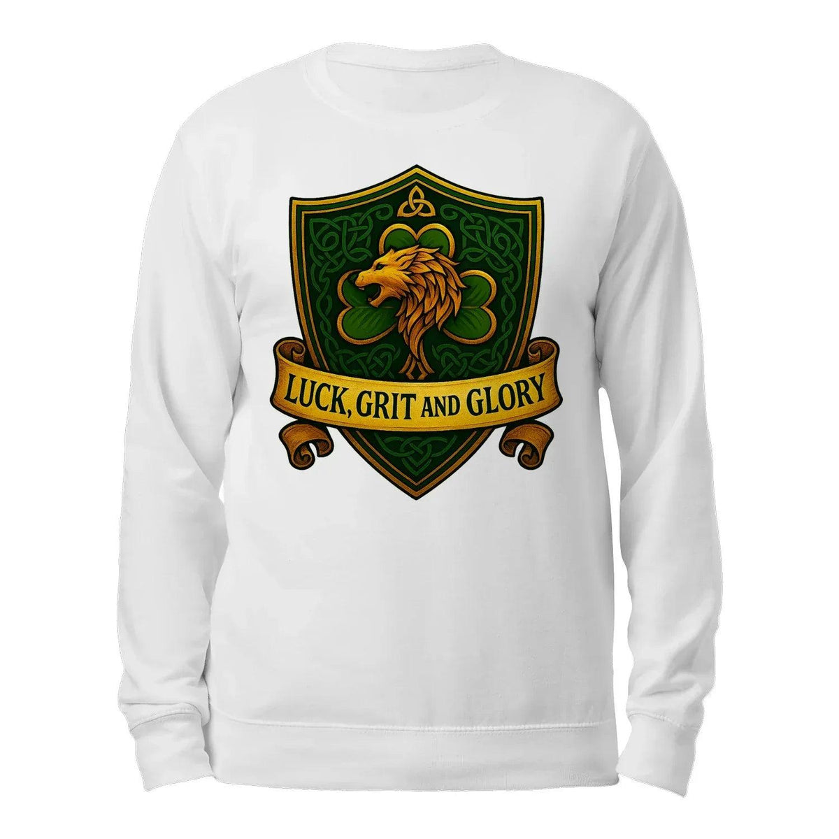 White crewneck sweatshirt back view with green lion crest graphic and 'Luck, Grit and Glory'