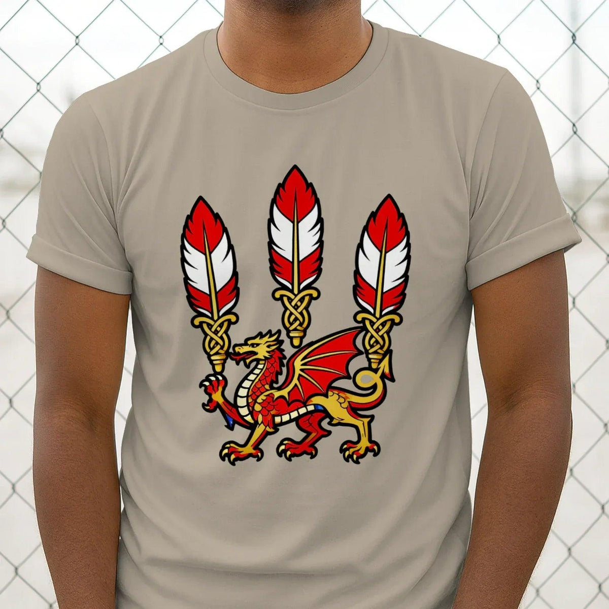 Beige graphic T-shirt with three red-and-white feather emblems and red dragon front print