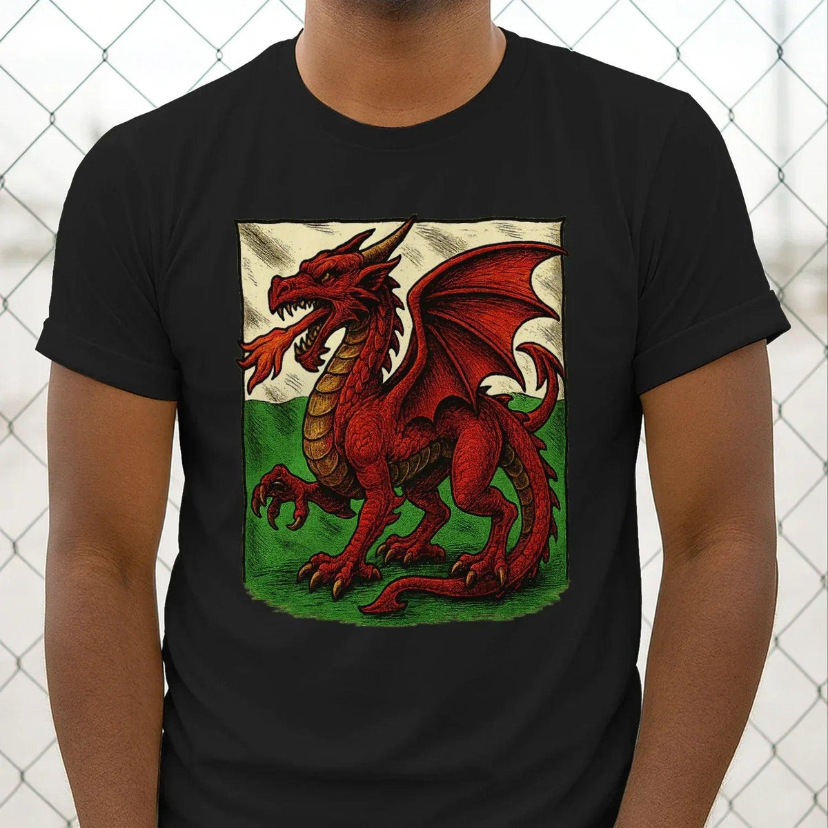 Unisex Celtic dragon emblem T-shirt, dark green with red Welsh dragon front print
