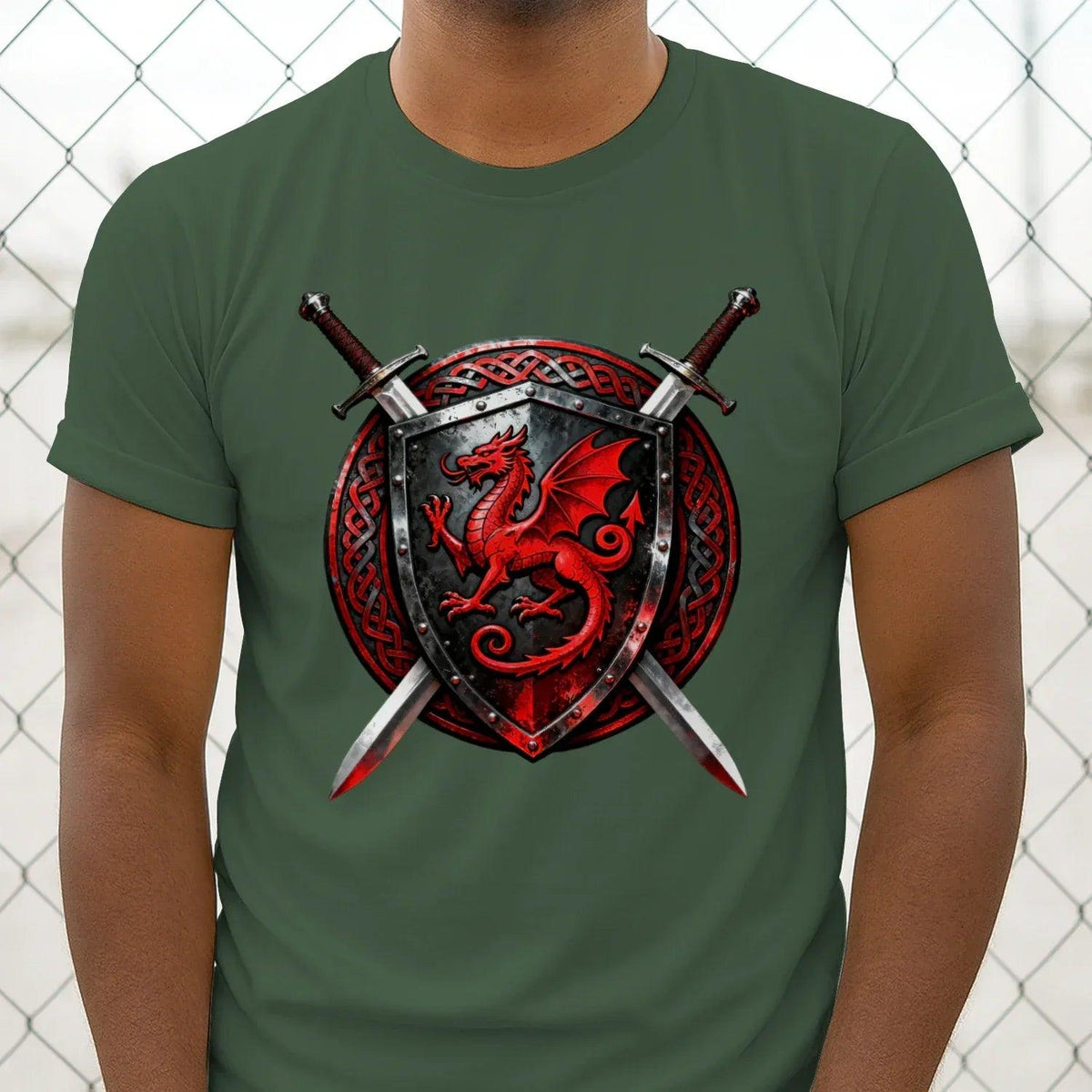 Green men's crewneck T-shirt with large red dragon shield and sword cross graphic