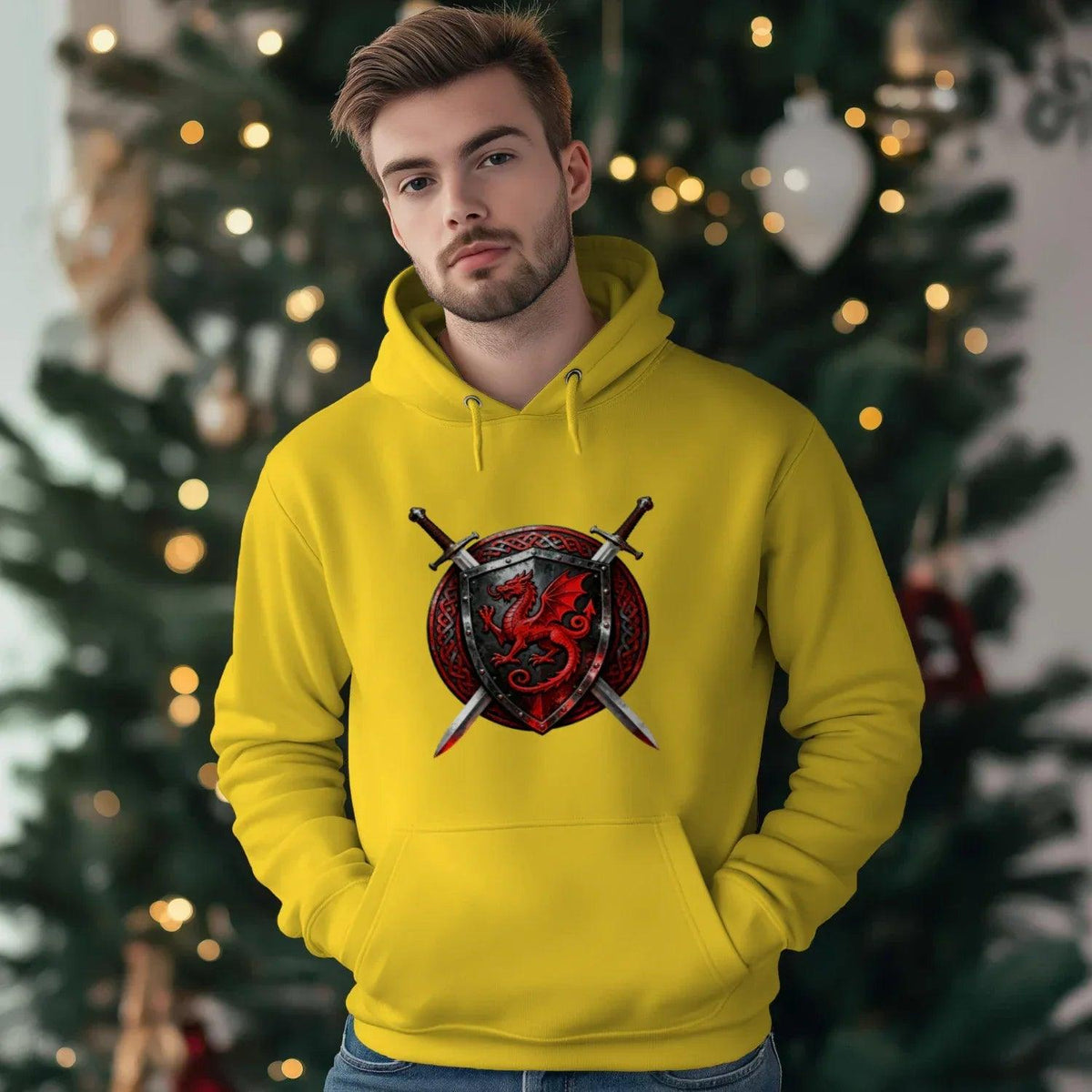 Yellow combat hoodie with hood and kangaroo pocket, featuring red dragon shield graphic