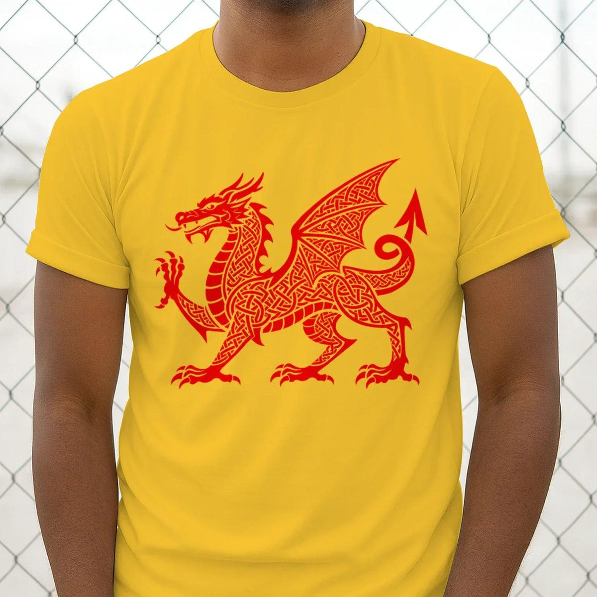 Yellow crew-neck T-shirt with red Celtic dragon knotwork graphic
