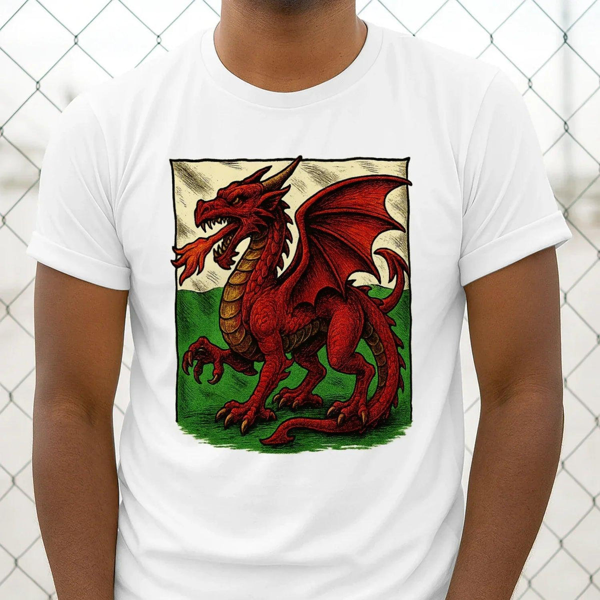 White unisex t-shirt with red dragon emblem graphic centered on the chest