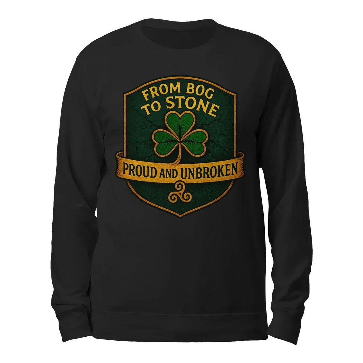 Dark charcoal sweatshirt with clover badge graphic, long sleeves