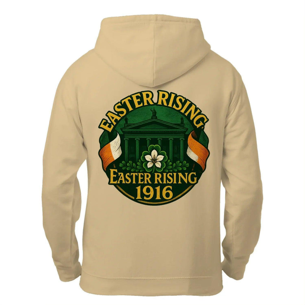 Beige zip hoodie with hood and large back emblem graphic in green and gold
