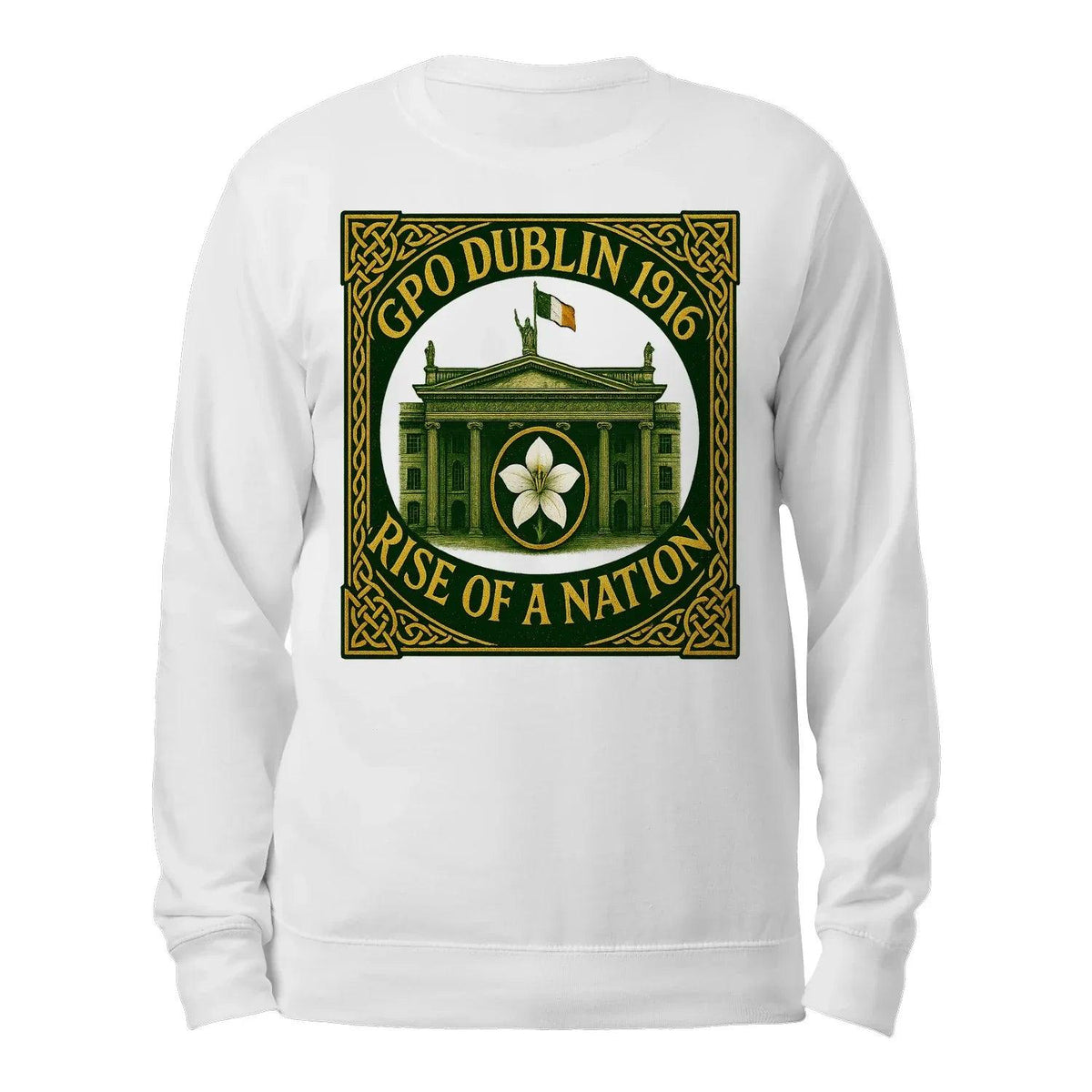White sweatshirt with front graphic print and long sleeves